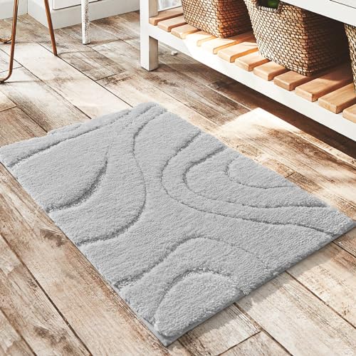 DEXDE Bathroom Rugs Mat,Soft Plush Shaggy Microfiber Bath Rug,Non Slip Bath Mats for Bathroom Floor,Machine Washable Absorbent Carpet for Shower Tub,Grey Silver 18"x24"