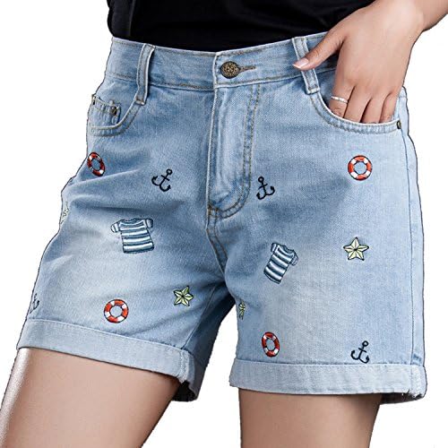 UCSCAN Women's Elastic Waist Denim Embroidered Jeans Short Light Blue Size M