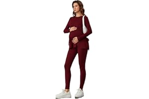 OYOANGLE Women's Maternity Rib Knit Round Neck Knot Side Tee Tops and Leggings Pants Sets