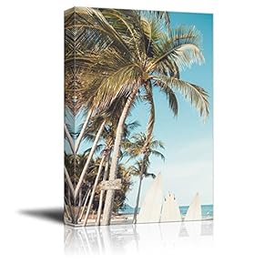 Canvas Wall Art - Summer Beach View with Palm Trees and Surf Boards - Giclee Print Gallery Wrap Modern Home Art Ready to Hang - 12x18 inches