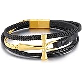 SeiMios Leather Bracelet for Men Women, Ankh Cross Bracelet 316L Stainless Steel Layered Leather Braided Bracelet 8.3 Inches