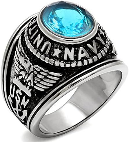 MENDINO Mens Jewellery US Navy Military Dark Blue Plated Stainless Steel Ring with a Velvet Gift Bag