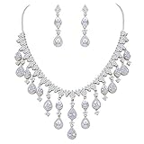 EVER FAITH Women's Cubic Zirconia Gorgeous Water Drop Dangle Necklace Earrings Set Silver-Tone