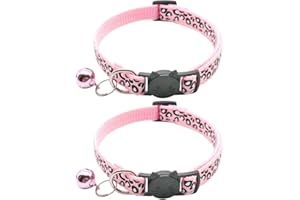 RSACCSKY Reflective 2 Pack Breakaway Cat Collars with Bell Leopard Pattern Cute Kitty Adjustable 7.5-12.5 Inch Safe Kitten Collars Charms (Pink)