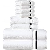 8-Piece Premium Towel Set, 2 Bath Towels, 2 Hand Towels, and 4 Wash Cloths, 100% Ring Spun Cotton Highly Absorbent Towels for Bathroom, Gym, Hotel, and Spa