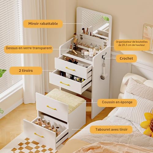 Lvifur Corner Dressing Table with Mirror, Corner Dressing Table with Stool, Large Storage Space with Drawers, Dressing Table for Apartment, Small Room