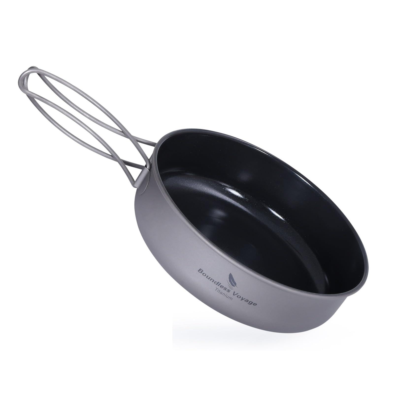 iBasingo Titanium Non-Stick Camping Frying Pan 15cm 700ml, 85g Ultralight Skillet with Folding Handle, Ceramic Coated Outdoor Cookware for Campfire Gas Stove Ti2062C