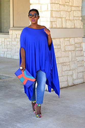 Women\'s Loose Bat Wing Dolman Poncho Tunic Dress Top Royal Blue S