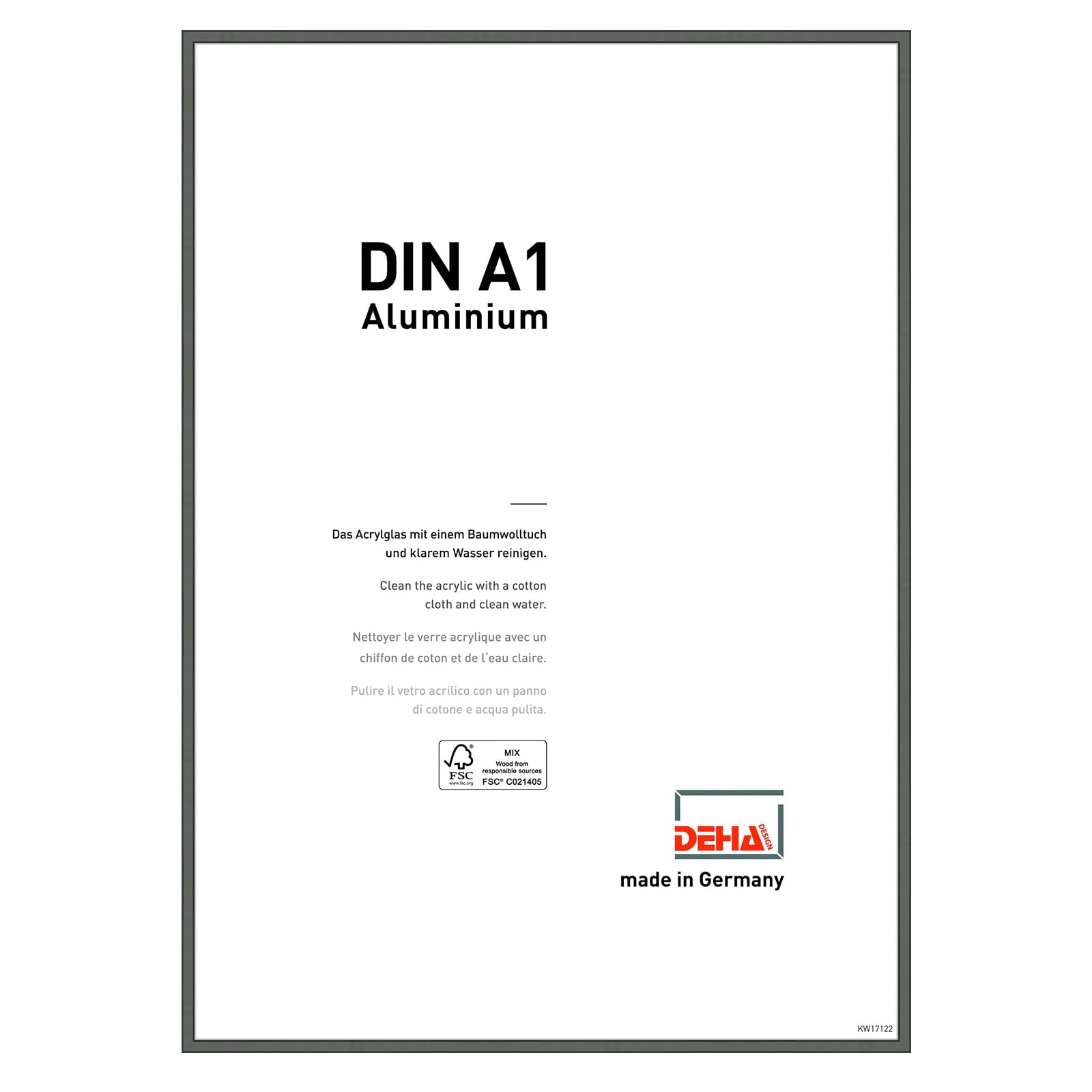 DEHA Design Boston Aluminium Picture Frame - A1 (59.4x84.1 cm) – Grey - with Synthetic Glass and Push/Turn Clips