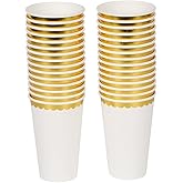 Geeklife 16 oz Disposable White Gold Paper Coffee Cups,Hot and Cold Beverage Drinking Cups with Gold Foil Border,30 pcs Party Paper Cups for Party,Picnic,Travel, and Events