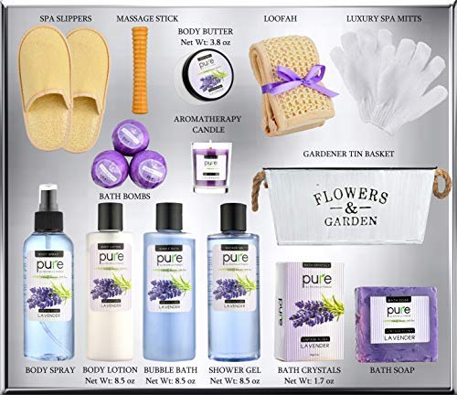 Valentines Day Gifts Lavender Essential Oil Spa Basket – Gardener Lavender Tin Gift Basket. Premium Bath Gift Basket for Birthday, Thank you, Anniversary Gift Best Holiday Spa Gift Set
