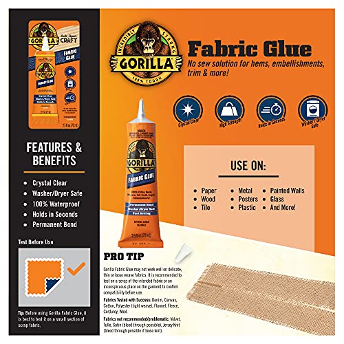 Gorilla Fabric Glue, 100% Waterproof, No-Sew, Washer/Dryer Safe, Permanent Bond, Clear, 2.5fl oz/73ml, Pack of 1