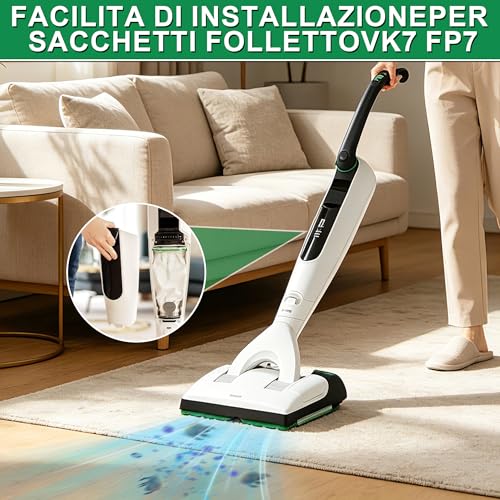 Kit 12 Sacchetti in Microfibra compatibile per Folletto Compatibili Vk7s Vk7 + 3 Filtri Hepa+2 spazzole,Sacchetti Folletto Compatibili VK7S,per Kobold VK7 Filtro Sacchi Accessori