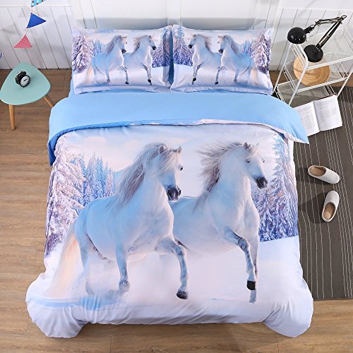 Alicemall 3D Horse Bedding Comforter Set White Snow Horse Digital Printing 5 Pieces Comforter Set Digital Bedding Set, Queen Size (2 Pillowcases, Flat Sheet, Comforter, Duvet Cover) (Queen, White)