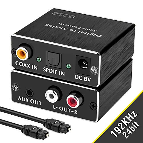 Digital-to-Analog Audio Converter, 192KHz Digital Coaxial and Optical (Toslink/SPDIF) to Analog 3.5mm AUX and RCA (L/R) Stereo Audio Adapter DAC Converter with Fiber Cable by ROOFULL