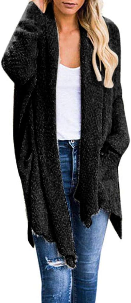 iHHAPY Ladies Long Cardigan Plush Coat Casual Waterfall Jacket Asymmetrical Cut Long Sleeve Cardigan Warm Solid Coat