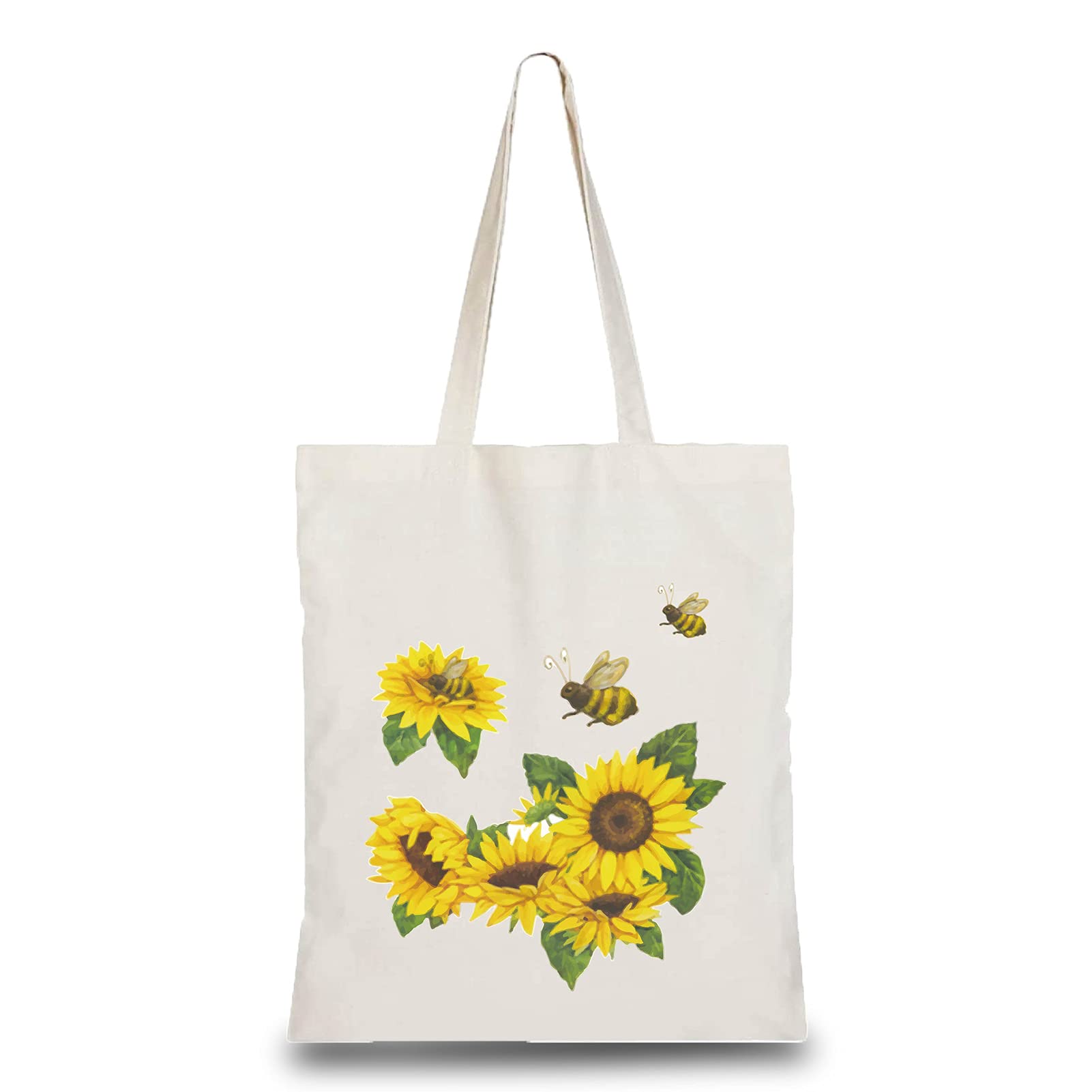 CREATCABIN Cotton Canvas Tote Bag Sunflower Bee Bags Women Grocery Funny Handbags Reusable Eco-Friendly DIY Craft Multi-Function Pouches for Crafts Travel School Shopping Groceries 13.3x15 inch — image 1