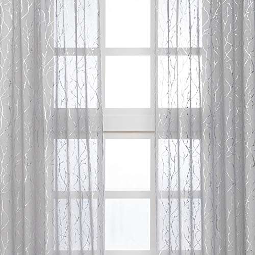 Kotile Tree Pattern Sheer Curtains Metallic Silver Branch Printed