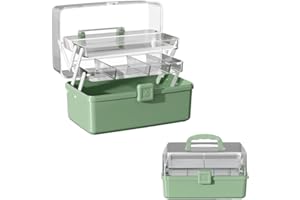 RAINFORDHOMA 12.9in Three-Layer Multipurpose Storage Box with Handle Portable Tackle Box Folding Art & Craft Case Sewing Supplies Organizer for Makeup, Medicine, Nail, Hair Accessories (Haze Green)