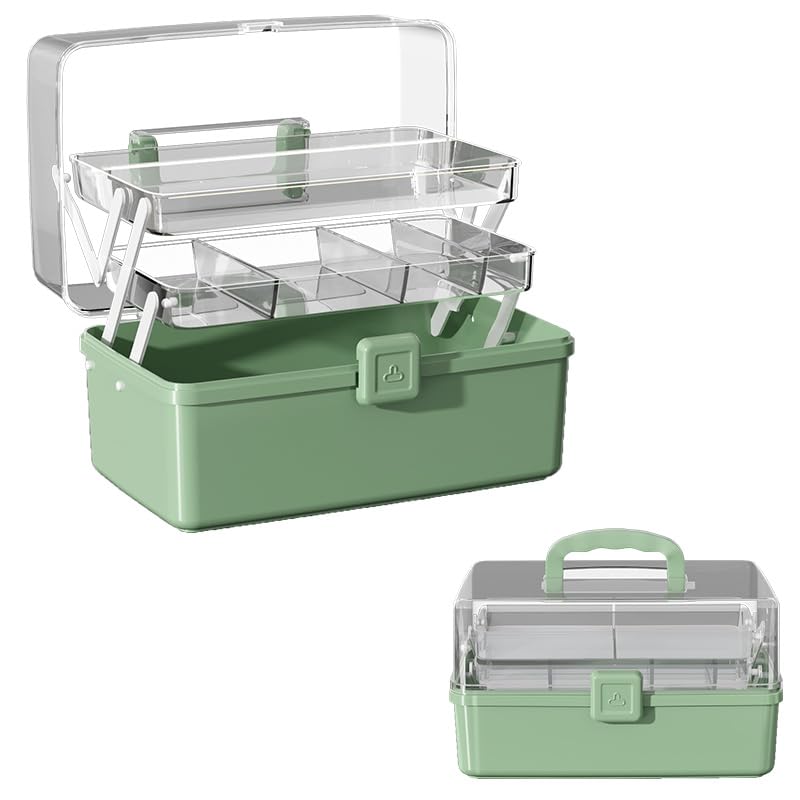 Photo 1 of 12.9in Three-Layer Multipurpose Storage Box with Handle Portable Tackle Box Folding Art & Craft Case Sewing Supplies Organizer for Makeup, Medicine, Nail, Hair Accessories (Haze Green)