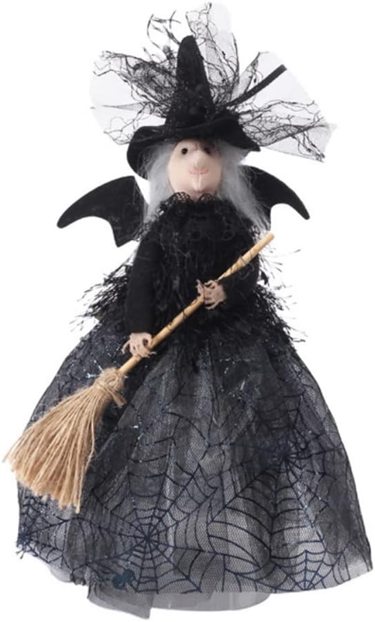 Tree Toppers - Halloween Witch Tree Topper Decoration, 11 Inch Handmade Black Witch with Spider Web Skirt, Flying Broom and Pointed Hat Ghost Gnomes for Desktop Fireplace Treetop Holiday Home Party Supplies