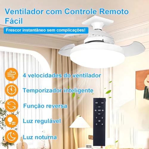 Ventilador de Teto com Controle Remoto Pás Retráteis E27 LED 18W 3 Cores 4 Velocidades Motor Brushless 85-265V