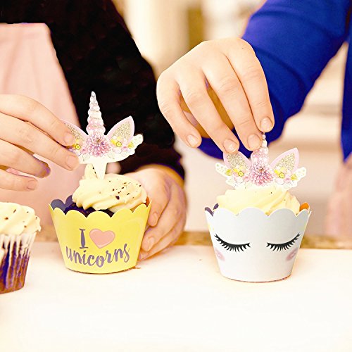 Floette Unicorn Cupcake Toppers and Wrappers, Double-Sided Printing, Kids Children Party Cake Decorations, Birthday Party Supplies (Set of 24)