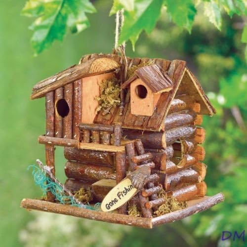 BIRDHOUSE: Gone Fishing Wood Log Cabin Bird House NEW