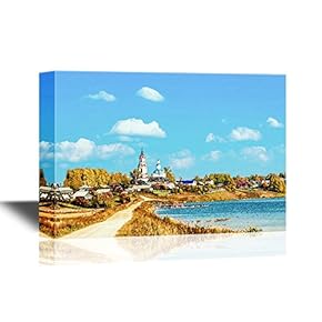 Watercolor Style Russian Village Sredneivkino with a Church and Lake