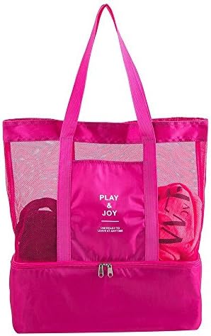 Mesh Beach Bag - Grocery Bag, Large Insulated Picnic Tote Bag with Zipper,Cooler Lunch Box with Mesh Travel Sports Beach Carry Organizer Shoulder Bag for Women (Red)