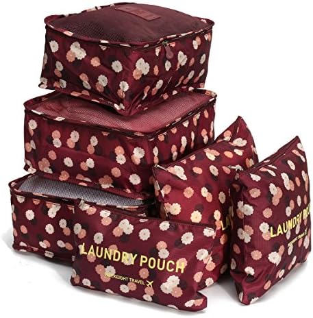JJOnlineStore - 6 Pcs Cube Waterproof Clothes Storage Bags Packing Travel Luggage Organizer Bag (Maroon Flower)