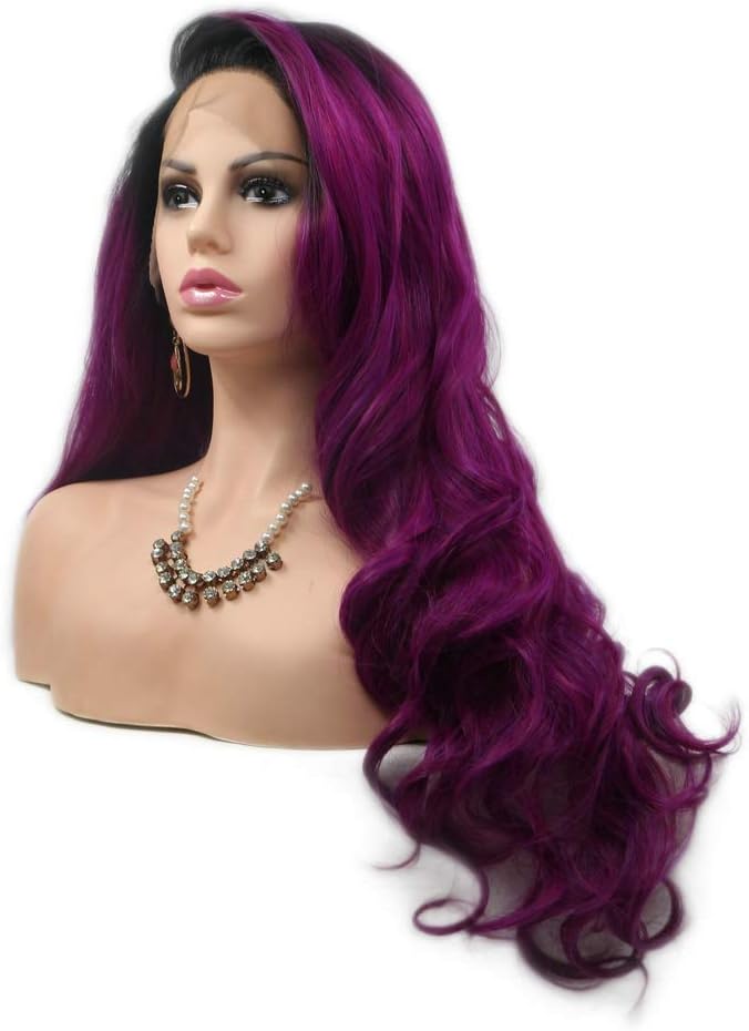 RainaHair Side Part Ombre Dark Purple Violet Wig Synthetic Lace Front Wigs Long Body Wave Hair Black Roots Holidays Cosplay Women Wigs 24inches - Image 3