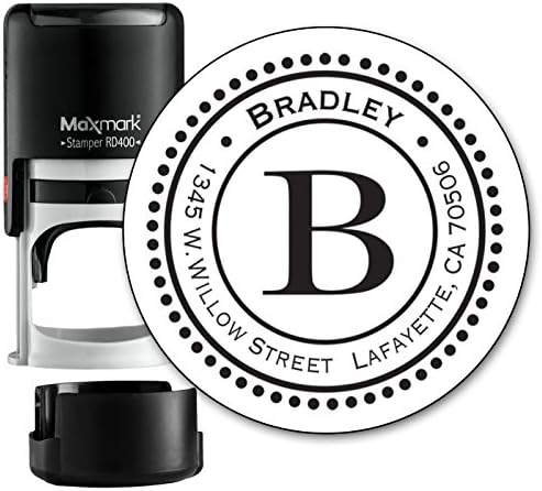 Customized Monogram Address Stamp - Self Inking House Address Stamp for Envelopes - with Replacement Pad - (MOAD014-P) - Refillable Stamp with Locking Bottom Cover