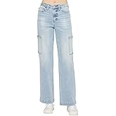 Judy- B Women's Casual Cargo Jeans High-Waisted Straight Leg Cargo Denim Pants Washed Light Blue Denim with Utility