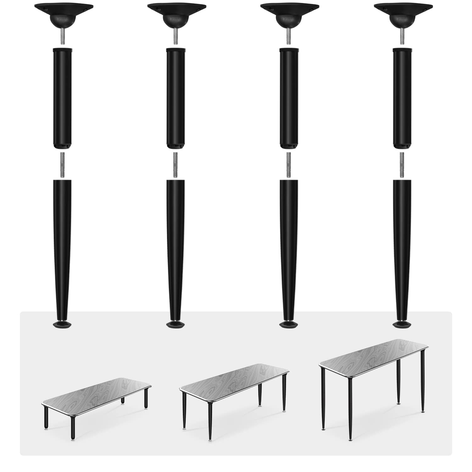 Photo 1 of waaliji 3-in-1 Metal Folding Table Legs with Adjustable Floor Protectors for Round or Square Table, Collapsible Home DIY Furniture Legs, 28/18 /14 Inch, Black, Set of 4