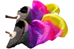 SNOWAQUA Belly Dance Faux Silk Veil Fans, 1 Pair (Left+Right) Faux Silk Bamboo Long Fans Veils, Handmade Belly Dance Dancing Silk Fans, Dance Performance