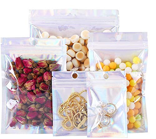 200 Pcs Holographic Color Foil Pouch Bag, 4 Sizes Reusable Colorful Mylar Foil Bag Resealable Aluminum Zip Lock Bags Mylar Foil Bag for Candy Nuts Cookies