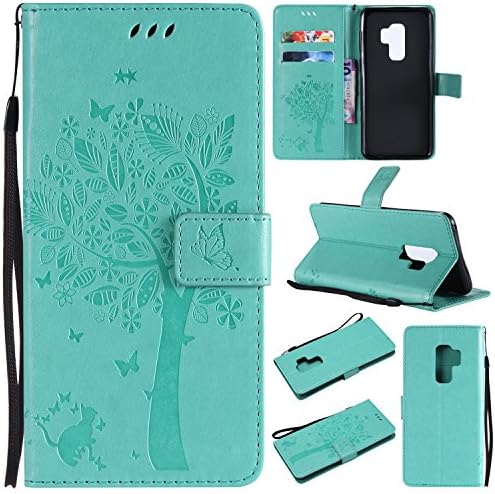 HAOTP Galaxy S9 Plus Wallet Case, Floral Flower Love Tree & Cat Embossed PU Leather Magnetic Flip Shockproof TPU Inner Bumper Card Holders & Hand Strap Purse Case for Samsung Galaxy S9 Plus Green