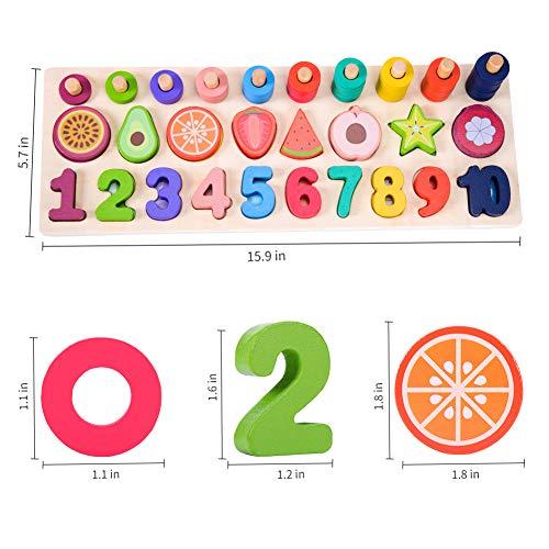 GEMEM Counting Shape Stacker Wood Sorting Puzzles Toys Montessori Preschool Toddler Counting Diversity Toy Fruit Number Math Blocks for 2 3 Year Old Kids