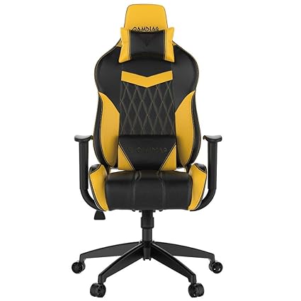 Gamdias Achilles E2 Gaming Chair Black Leather Style Vinyl seat Breathable and Resistant to Sweating, tilt with Adjustable Back Angle, Class 4 Hydraulic Pistons Yellow