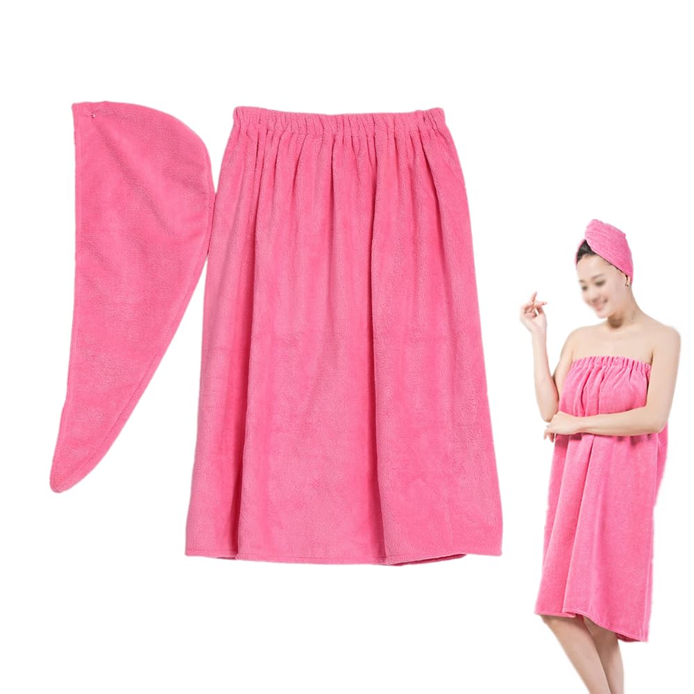 Dioche Bath Towel Body Wrap with Hair Towel Wrap for Women, Quick Dry Shower Bath Wrap, Women's Spa Bath Waffle Body Wrap Towel with Adjustable Touch Fastener (rose)