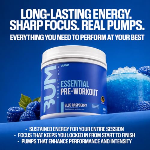 RAW Nutrition - Essential Pre - Chris Bumstead Pre Workout Formula, Sports Nutrition Pre-Workout Powders | Men & Womens Drink, Energy Powder for Working Out (Blue Raspberry)