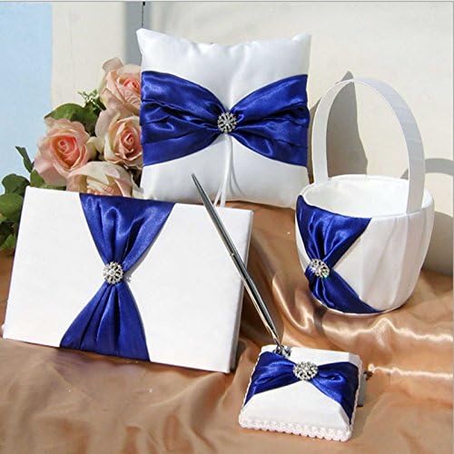 Teasun 1 Wedding Guest Book + 1 Pen Set + 1 Flower Girl Basket + 1 Ring Bearer Pillow ,Dark Blue