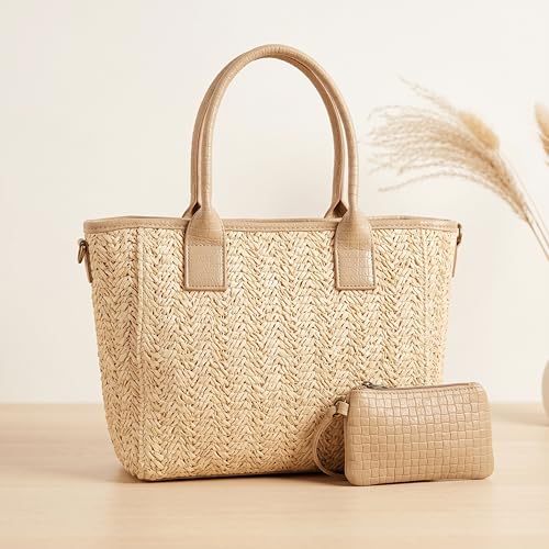 Bolso Rafia Mujer - Bolso de Verano Mujer - Bolso Bandolera Mujer Verano - Cremallera Superior y Neceser Pequeño - Bandolera Casual para Primavera y Viajes (Apricot)