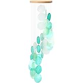 Wenqik Sea Glass Shell Wind Chimes for Outside Seaglass Capiz Windchime Spiral Wind Chimes for Women Beach Holiday Summer Gift Indoor Outdoor Home Housewarming Garden Decor(Light Blue)