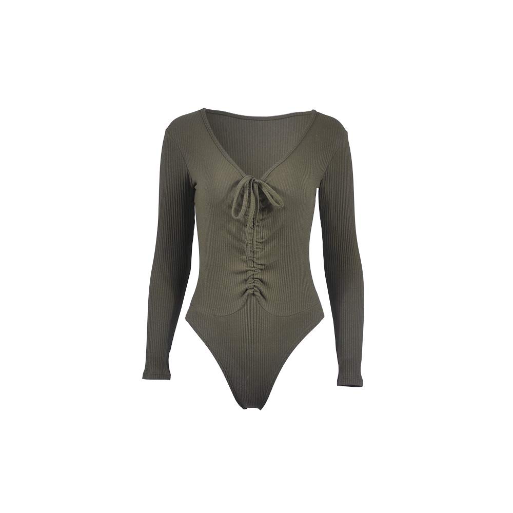 Women Jumpsuits Deep V Neck Long Sleeve Bodysuit Stretchy Romper Jumpsuit Autumn Winter Bodysuit (Green, Medium)