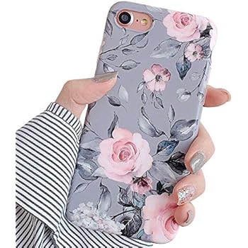 YeLoveHaw iPhone 8 Case, iPhone 7 Case for Girls, Flexible Soft Slim Fit Full-Around Protective Cute Phone Case Cover with Purple Floral and Gray Leaves Pattern for iPhone8 / iPhone7 (Pink Flowers)