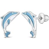 925 Sterling Silver Blue Enamel Leaping Dolphins Screw Back Earrings for Young Girls - Beautiful Small Dolphin Screw Backs for Little Girls