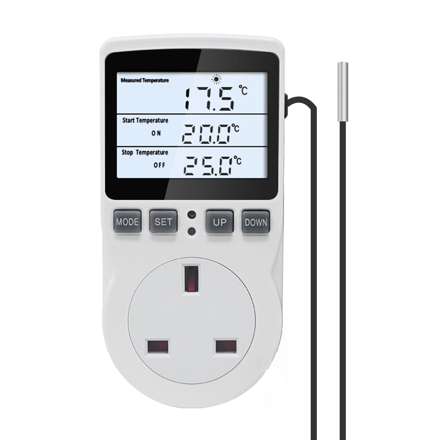 KETOTEK KT3100BL Digital Thermostat Plug Socket UK HD LCD Display Temperature Controller Outlet 16A 100-250Vac Blue Backlight with 3m Temperature Sensor for Reptile,Incubator,Greenhouse,aquarium