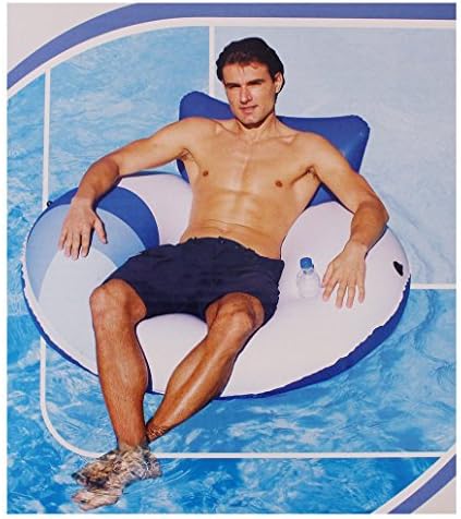 Inflatable pool floater, Pillow Lounge Float, With Cup holder, Lounger Floatie Raft for Kids &amp; Adults Tube Floater - 47"D White &amp; Blue